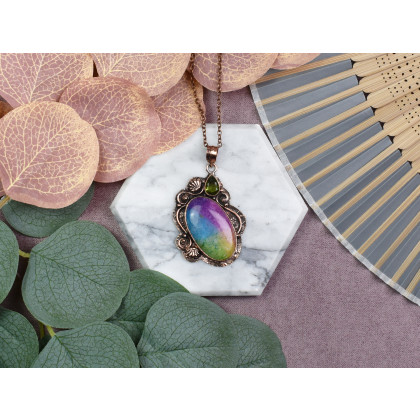 Witchcraft Apparel - wisiory - Miedziany ozdobny wisiorek z tęczowym kwarcem solarnym i peridotem #549 foto #3