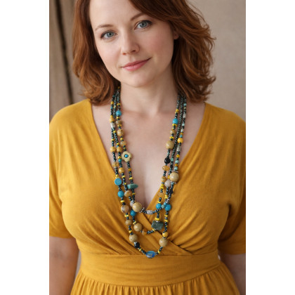 Naszyjnik Długie Sznury Boho Korale Żółty Howlit, unikatart, korale,naszyjniki