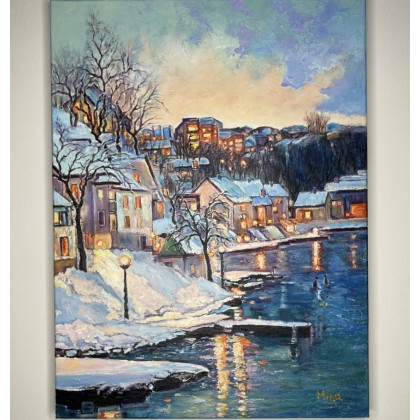 Wieczór. Zimowe miasto nad wodą., Myroslava Burlaka, obrazy olejne
