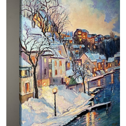 Myroslava Burlaka - obrazy olejne - Wieczór. Zimowe miasto nad wodą. foto #3