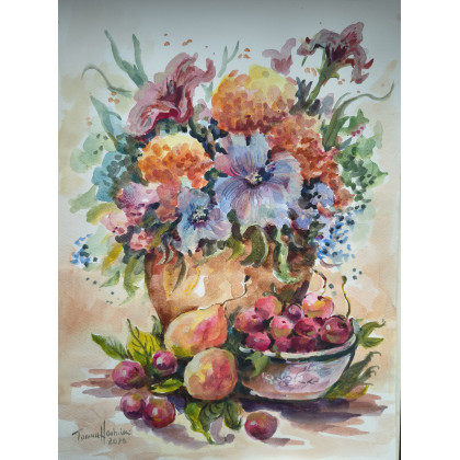 MARTWA NATURA Z KWIATAMI, Tomasz Woźniak, obrazy akwarela