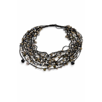 Naszyjnik Czarny Sznurek Szare Korale Makrama, unikatart, korale,naszyjniki