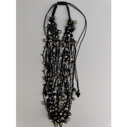 unikatart - korale,naszyjniki - Naszyjnik Czarny Sznurek Szare Korale Makrama foto #2