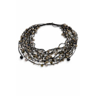 Naszyjnik Czarny Sznurek Szare Korale Makrama