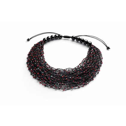 Naszyjnik Drobne Koraliki Mgiełka Czarne I Czerwone, unikatart, korale,naszyjniki