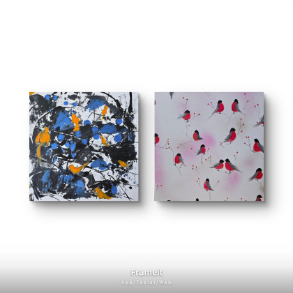 Kompozycja ptaszarnia, Ewa Mościszko, olej + akryl