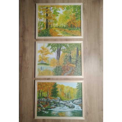 Zestaw ręcznie malowanych obrazów akrylowych - Tryptyk jesienny polski pejzaż z ramami w komplecie, Marzena Dymek, obrazy akryl