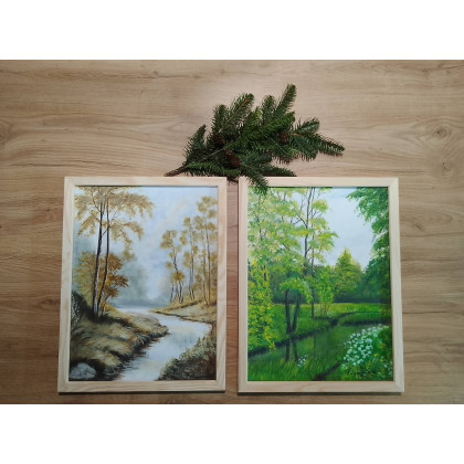 Marzena Dymek - obrazy akryl - ZESTAW RĘCZNIE MALOWANYCH OBRAZÓW Z RAMAMI - DYPTYK: MAGICZNA WIOSNA-JESIEŃ foto #1