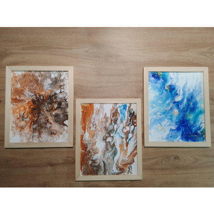 Marzena Dymek - obrazy tech. mieszana - ZESTAW RĘCZNIE MALOWANYCH OBRAZÓW Z RAMAMI - TRYPTYK: ENERGETYCZNY POURING foto #1