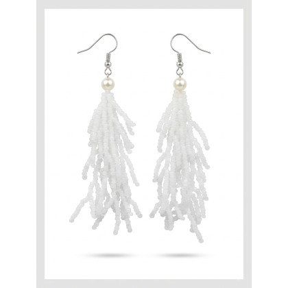 unikatart - kolczyki - Długie Kolczyki Boho z Białych Koralików - Ślubne Kolczyki Chwosty z Perłą foto #1