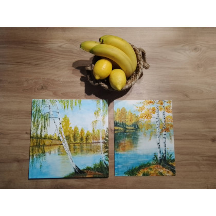 Marzena Dymek - obrazy akryl - ZESTAW RĘCZNIE MALOWANYCH OBRAZÓW - BRZOZOWY DYPTYK SŁONECZNA JESIEŃ - 1x 30x30cm + 1x 30x24cm foto #1