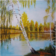 ZESTAW RĘCZNIE MALOWANYCH OBRAZÓW - BRZOZOWY DYPTYK SŁONECZNA JESIEŃ - 1x 30x30cm + 1x 30x24cm