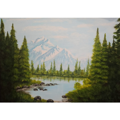 RĘCZNIE MALOWANY OBRAZ - PEJZAŻ ZA GÓRAMI, ZA LASAMI 50x70cm, Marzena Dymek, obrazy akryl