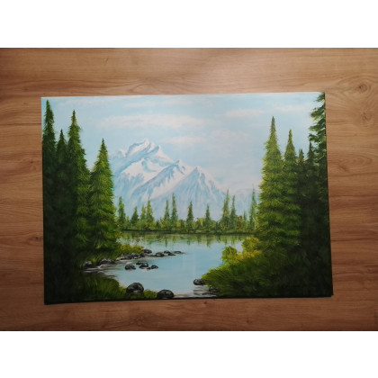 Marzena Dymek - obrazy akryl - RĘCZNIE MALOWANY OBRAZ - PEJZAŻ ZA GÓRAMI, ZA LASAMI 50x70cm foto #1
