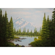 RĘCZNIE MALOWANY OBRAZ - PEJZAŻ ZA GÓRAMI, ZA LASAMI 50x70cm