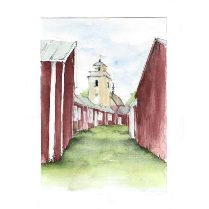 Gammelstad, Szwecja - obraz akwarelowy, Magdalena Malik, obrazy akwarela