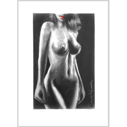 Akt z czerwonymi ustami, Dariusz Kaźmierczak, rysunek węglem