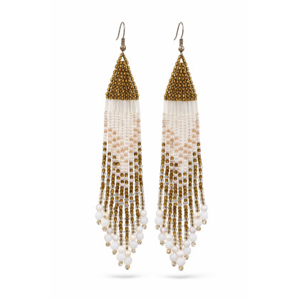 Długie kolczyki boho z koralików - biało-złote kaskady, unikatart, kolczyki 