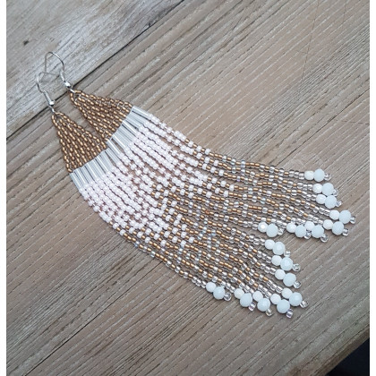 unikatart - kolczyki  - Długie kolczyki boho z koralików - biało-złote kaskady foto #1
