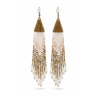 Długie kolczyki boho z koralików - biało-złote kaskady