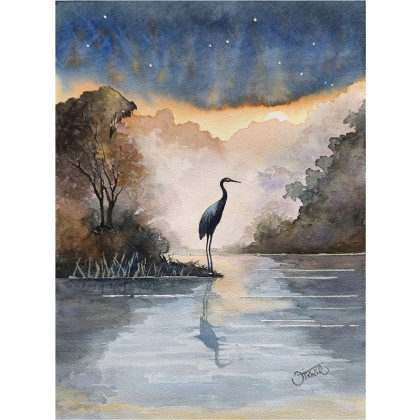 Żuraw o świcie Akwarela 24x32 cm, Joanna Tomczyk, obrazy akwarela