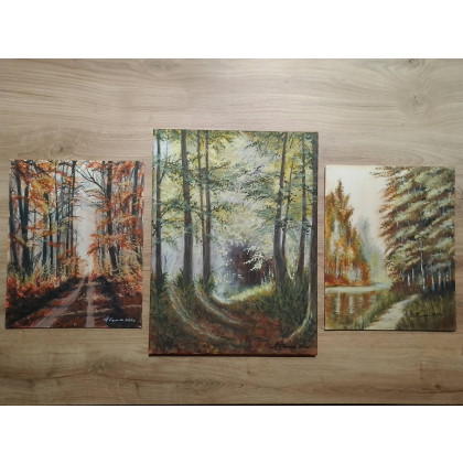 ZESTAW RĘCZNIE MALOWANYCH OBRAZÓW - TRYPTYK LEŚNY, POLSKI PEJZAŻ 1x 40x30cm, 2x 24x30cm, Marzena Dymek, obrazy akryl