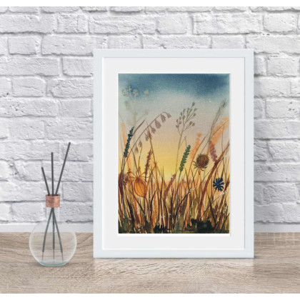Akwarela Obraz pt: Łąka o zachodzie słońca, Beata Rudecka, obrazy akwarela