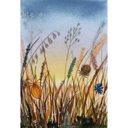 Beata Rudecka - obrazy akwarela - Akwarela Obraz pt: Łąka o zachodzie słońca foto #2