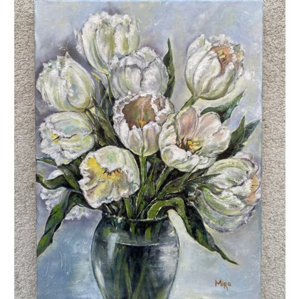 Czułość w kolorze białym. Bukiet białych tulipanów., Myroslava Burlaka, obrazy olejne