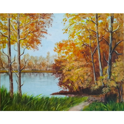 Marzena Dymek - obrazy akryl - ZESTAW RĘCZNIE MALOWANYCH OBRAZÓW - DYPTYK JESIENNE DRZEWA, POLSKI PEJZAŻ 2x 24x30cm foto #1