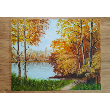 Marzena Dymek - obrazy akryl - ZESTAW RĘCZNIE MALOWANYCH OBRAZÓW - DYPTYK JESIENNE DRZEWA, POLSKI PEJZAŻ 2x 24x30cm foto #3