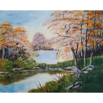 ŚLICZNY RĘCZNIE MALOWANY OBRAZ W LILIOWYM POMARAŃCZU, POLSKI PEJZAŻ - 24x30cm, Marzena Dymek, obrazy akryl