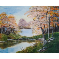 ŚLICZNY RĘCZNIE MALOWANY OBRAZ W LILIOWYM POMARAŃCZU, POLSKI PEJZAŻ - 24x30cm