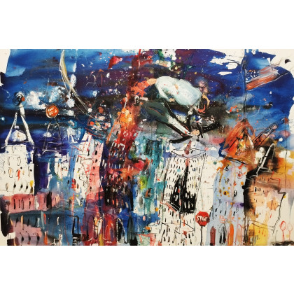 Zakochana para  nad miastem..., Dariusz Grajek, olej + akryl