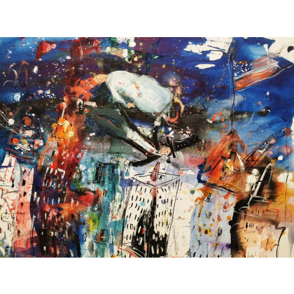 Dariusz Grajek - olej + akryl - Zakochana para  nad miastem... foto #1