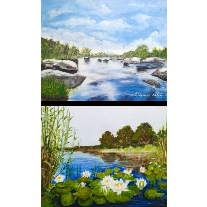 WYPRZEDAŻ ZESTAWU OBRAZÓW - DYPTYK BŁĘKITNE PRZEBUDZENIE - 2x 24x30cm, Marzena Dymek, obrazy akryl