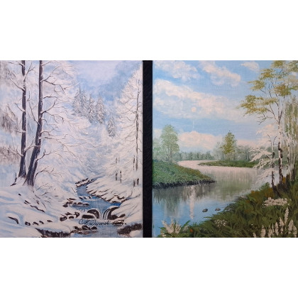 ZESTAW AKRYLOWO-OLEJNYCH OBRAZÓW - DYPTYK  KONTRAST ZIMA-LATO - 2x 30x24cm, Marzena Dymek, obrazy akryl