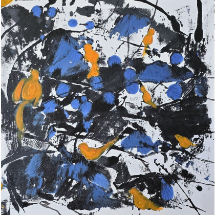 Ewa Mościszko - olej + akryl - Ptaszarnia, kompozycja prac na plotnie , 50x50x1 cm foto #3
