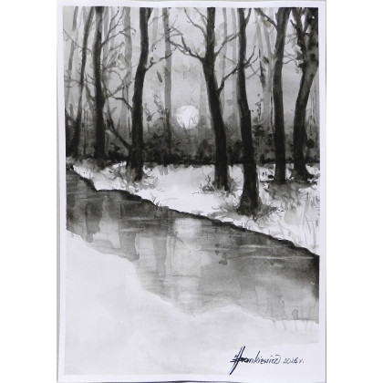 Jolanta Frankiewicz - obrazy akwarela - Strumyk- monochromatyczna akwarela A4 foto #2