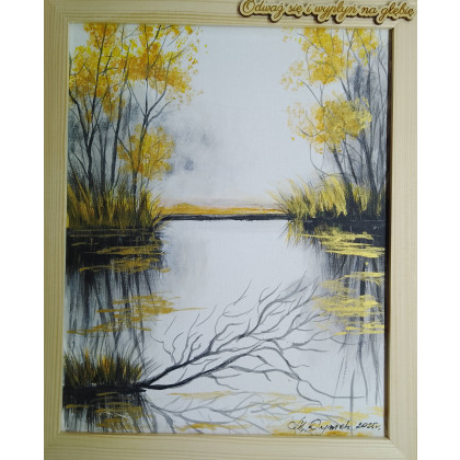 RĘCZNIE MALOWANY OBRAZ Z RAMĄ I CYTATEM- POLSKI PEJZAŻ ZE ZŁOTYMI REFLEKSAMI, Marzena Dymek, obrazy akryl
