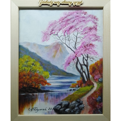 RĘCZNIE MALOWANY OBRAZ AKRYLOWY W RAMIE Z CYTATEM- POLSKI PEJZAŻ TANIEC Z BARW, Marzena Dymek, obrazy akryl