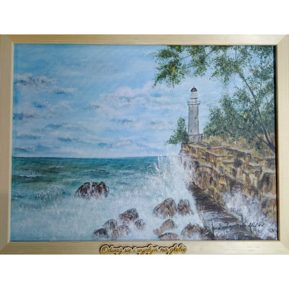 RĘCZNIE MALOWANY OBRAZ AKRYLOWY W RAMIE Z CYTATEM- PEJZAŻ MARYNISTYCZNY, Marzena Dymek, obrazy akryl