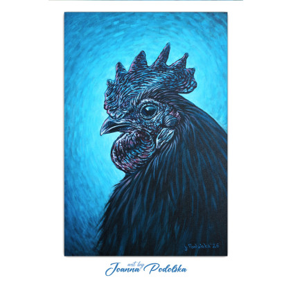 Czarny kogut na niebieskim tle, Joanna Podolska, obrazy akryl