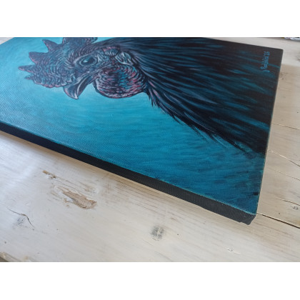 Joanna Podolska - obrazy akryl - Czarny kogut na niebieskim tle foto #1