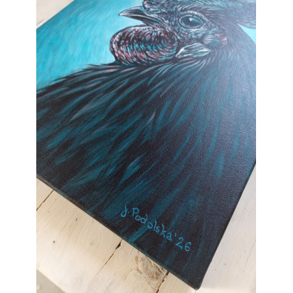 Joanna Podolska - obrazy akryl - Czarny kogut na niebieskim tle foto #2