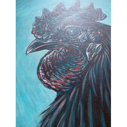 Joanna Podolska - obrazy akryl - Czarny kogut na niebieskim tle foto #3