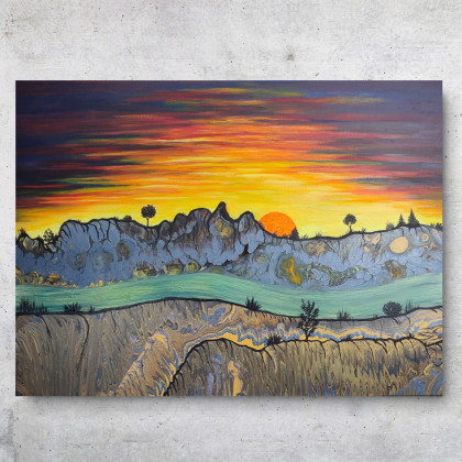 Krajobraz górski o zachodzie słońca - Płótno 50x70, Elżbieta Hanarz, obrazy akryl