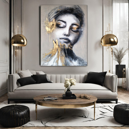 Dorota Kalinowska - obrazy akryl - NOWOCZESNY PORTRET - 80x125 cm KASZMIROWO ZŁOTY foto #3