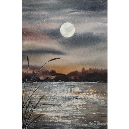 Akwarela Akwarelka Obraz pt: Jezioro Nocą, Beata Rudecka, obrazy akwarela