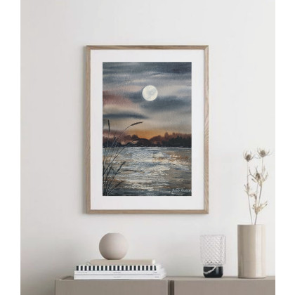 Beata Rudecka - obrazy akwarela - Akwarela Akwarelka Obraz pt: Jezioro Nocą foto #1